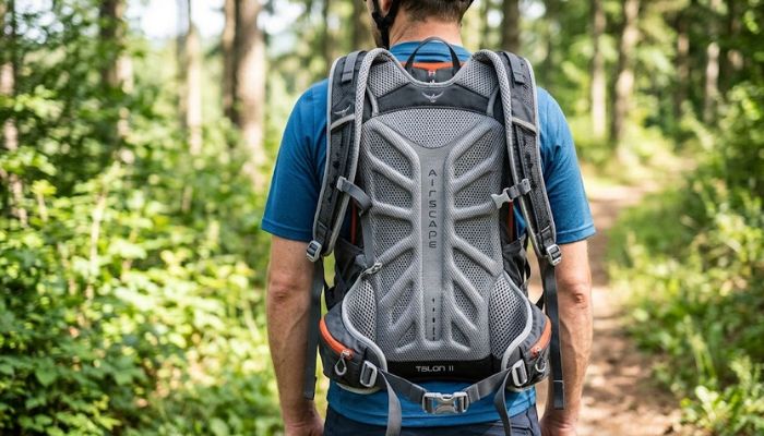 Close-up of a cycling backpack featuring ergonomic mesh padding for improved airflow and back ventilation.